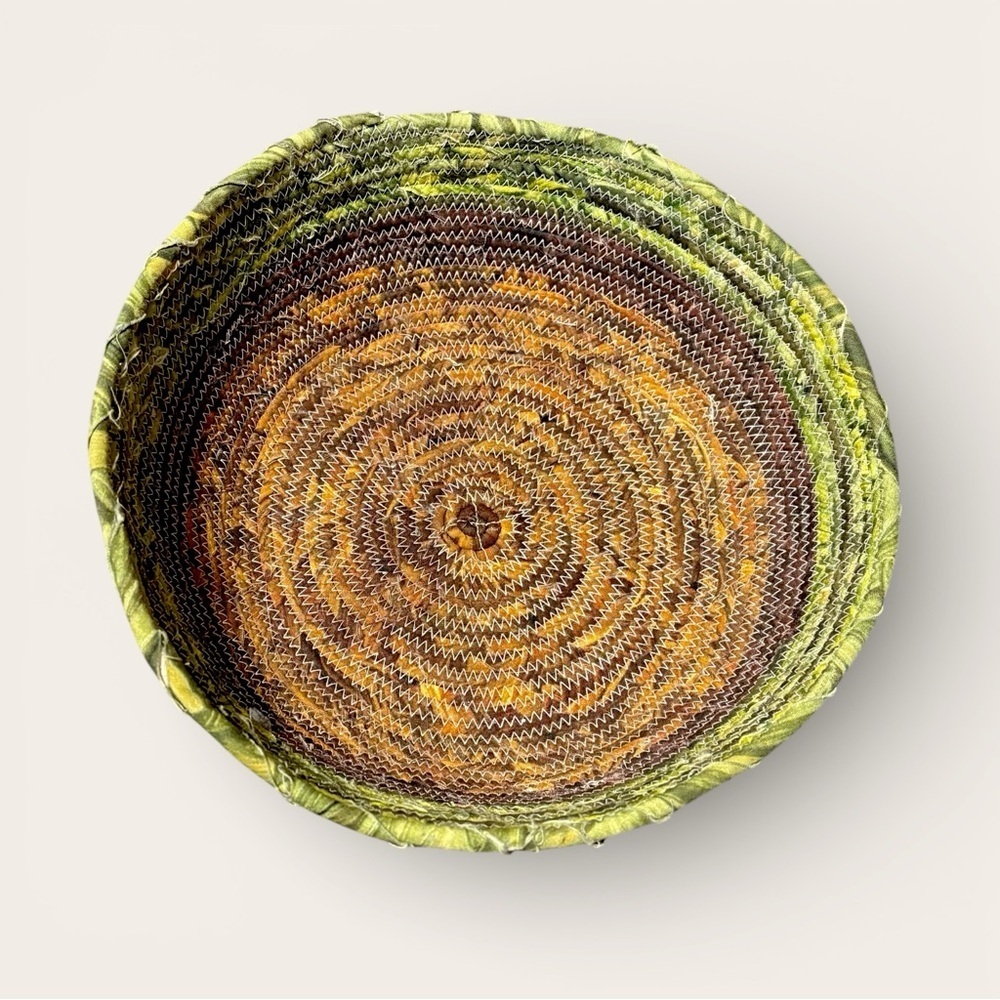Fabric Wrapped Rope Basket Green And Brown 10” Handmade Earthy Boho Storage Tray - Picture 2 of 9